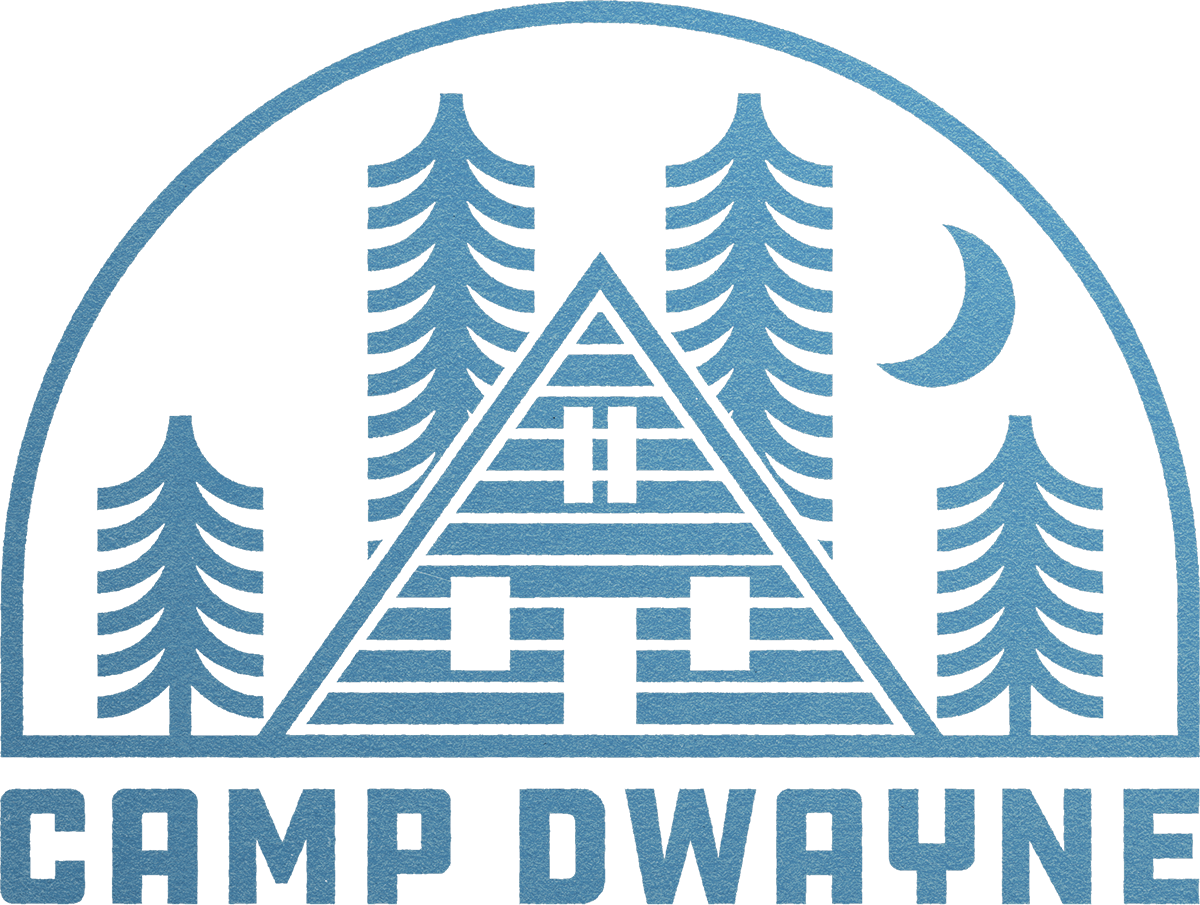 Camp Dwayne Logo Illustration of Log Cabin with Trees and Sunrise